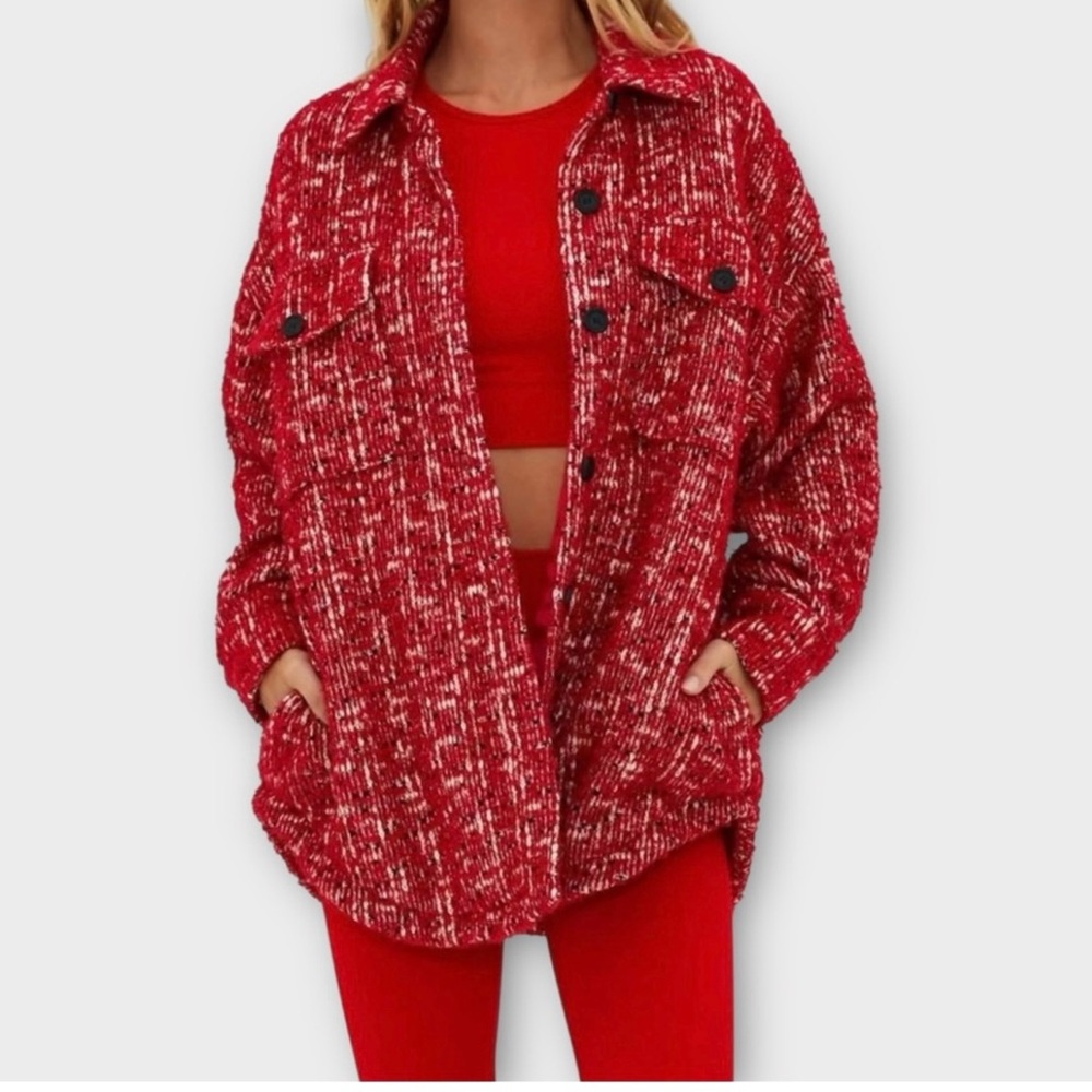 Red Tweed Button-Up Jacket - image 2